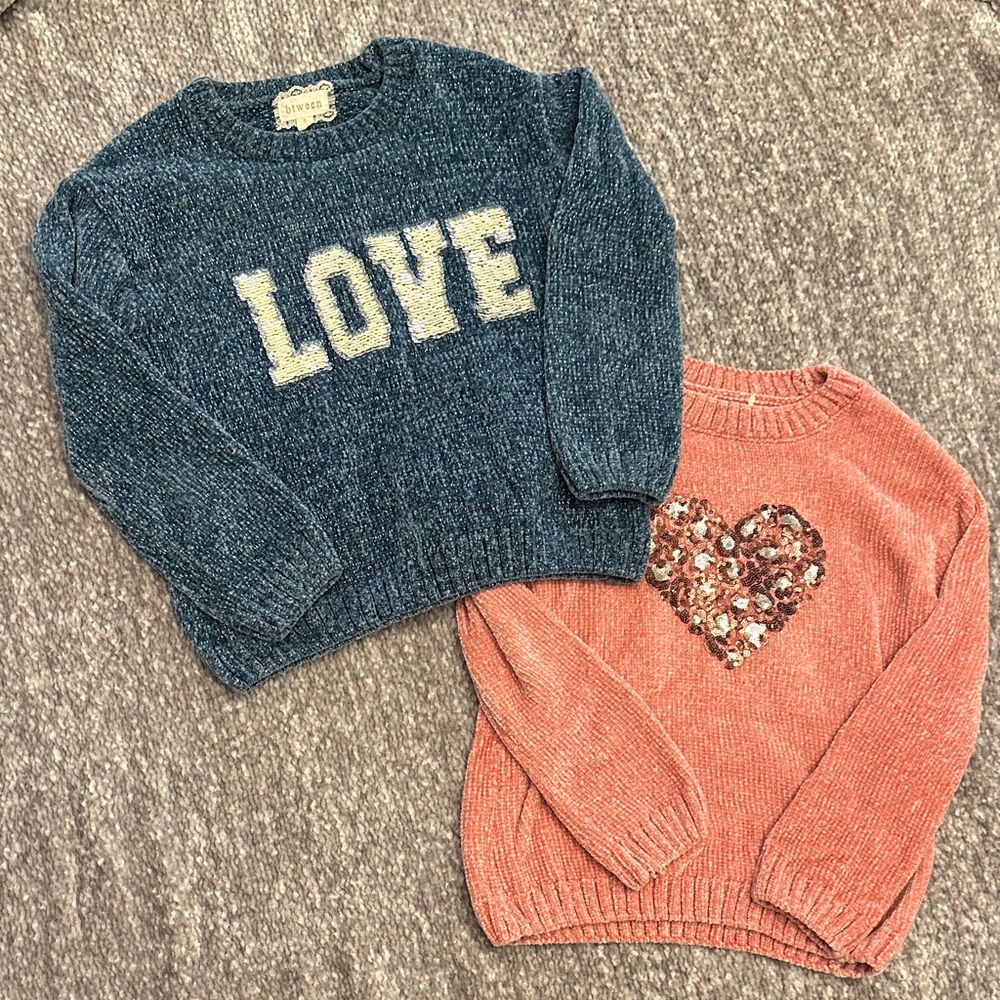 EUC btween blue metallic LOVE sequin sweater & pink leopard heart size 8